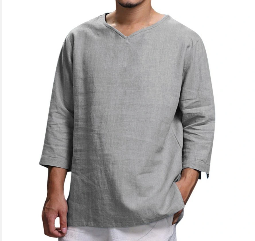 Men&prime;s Plus Size T-Shirt Long-Sleeve V-Neck Cotton and Linen Loose T Shirt Fashion Tops Shirts for Men Summer Clothing