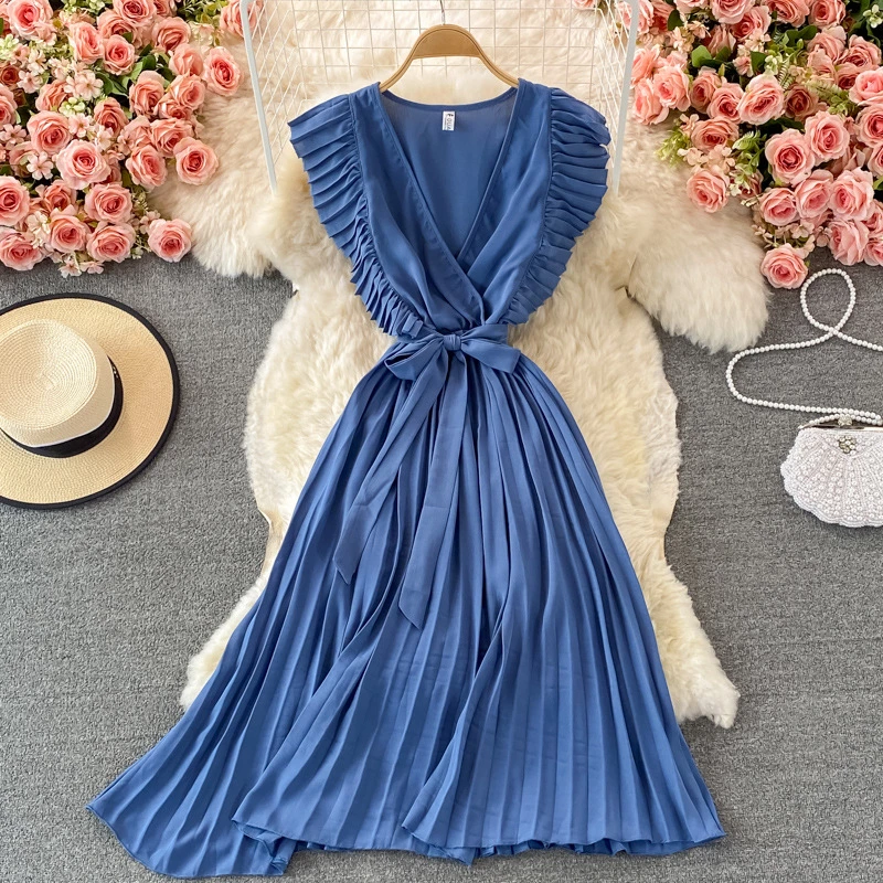 Women&prime; S Elegant Temperament Waist MID Length Fly Fly Sleeve V Neck Dress