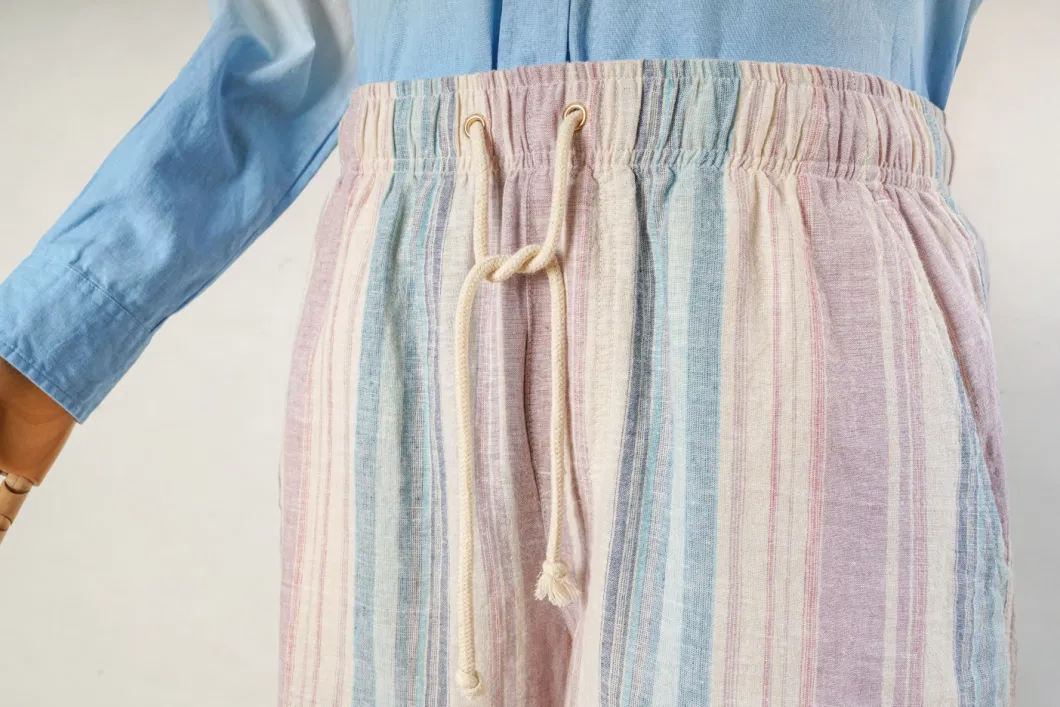 Women Shorts with Elastic Waist in Yarn Dyed Stripe Linen/Viscose, Drawcord String Loop in Waist