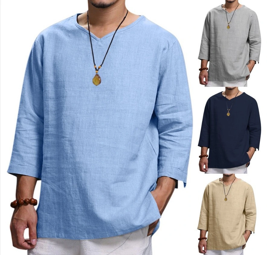 Men&prime;s Plus Size T-Shirt Long-Sleeve V-Neck Cotton and Linen Loose T Shirt Fashion Tops Shirts for Men Summer Clothing