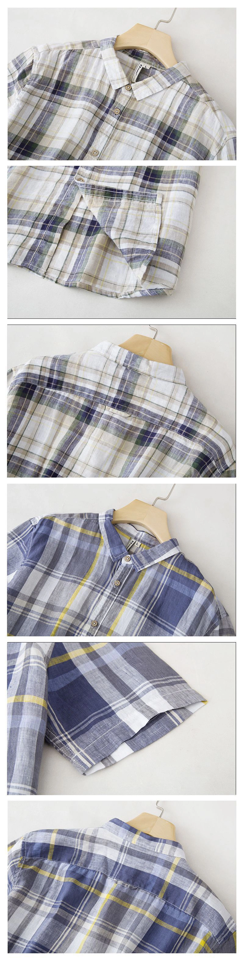 Wholesale Men&prime;s Plaid Linen Cotton Slim Fit Spring Autumn Male Casual Branded Short Sleeved Shirts