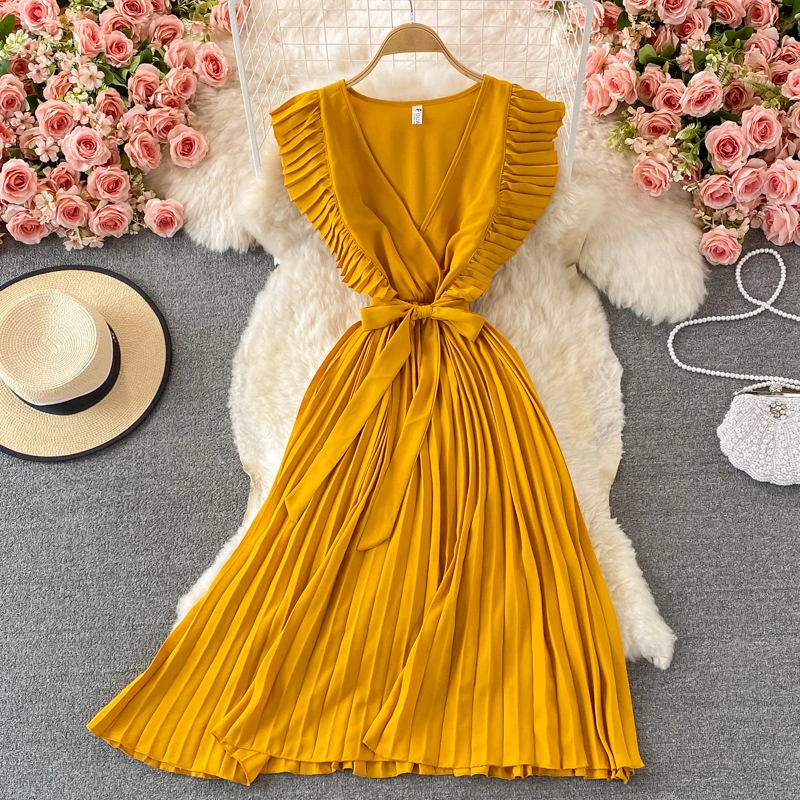 Women&prime; S Elegant Temperament Waist MID Length Fly Fly Sleeve V Neck Dress