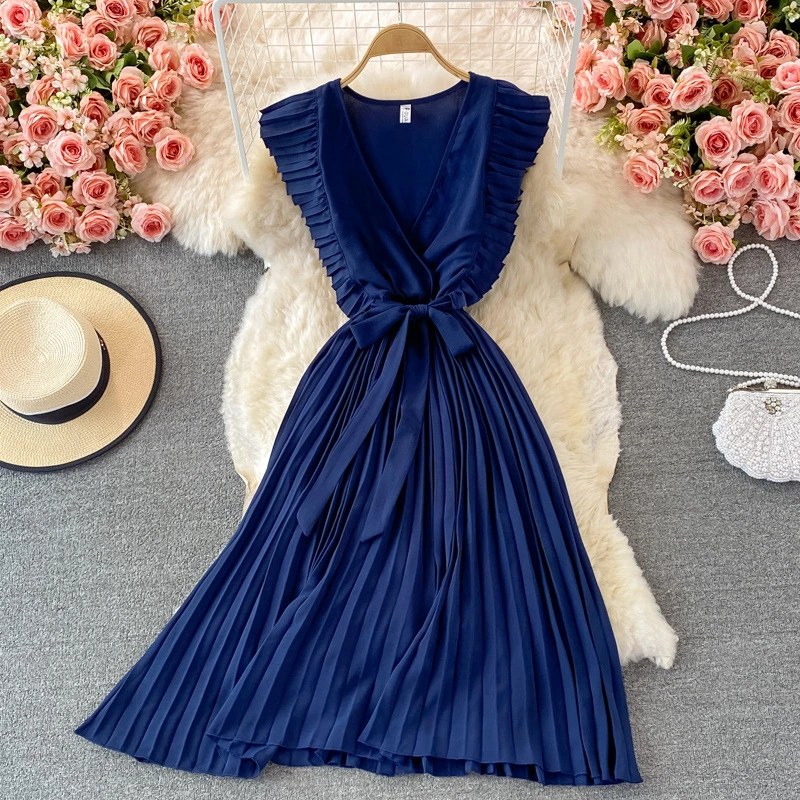 Women&prime; S Elegant Temperament Waist MID Length Fly Fly Sleeve V Neck Dress