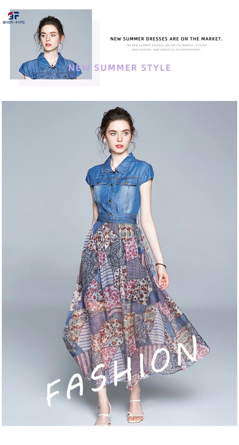 Fashion Chiffon Short-Sleeved Denim Stitching Printed Long Skirts Women Dresses