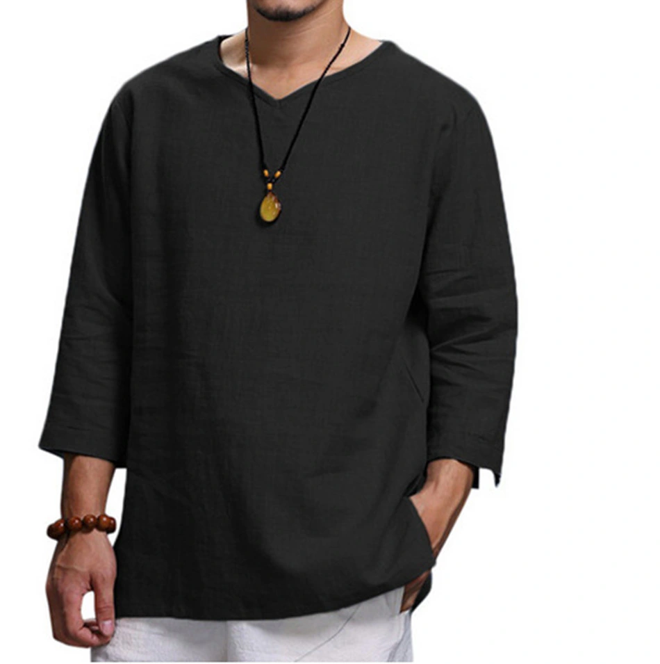 Men&prime;s Plus Size T-Shirt Long-Sleeve V-Neck Cotton and Linen Loose T Shirt Fashion Tops Shirts for Men Summer Clothing