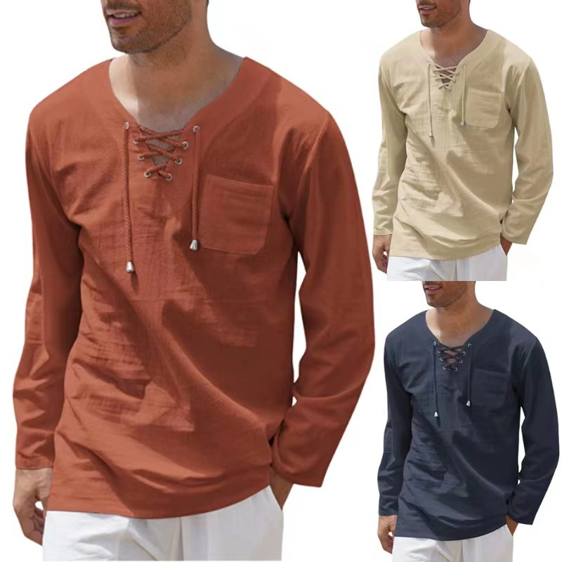 Hot Sale Fashion Men&prime; S Solid Color Pullover Lace-up V-Neck Pocket Long-Sleeved Loose Blouse Male Cotton Linen Shirt