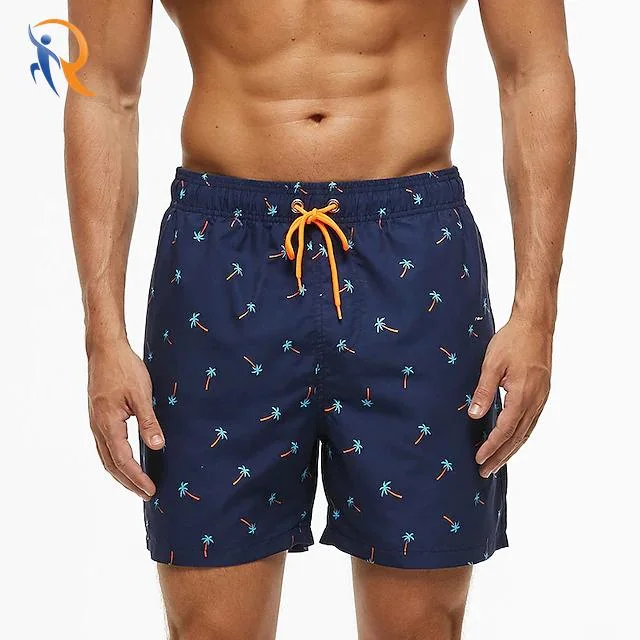 Men&prime;s Quick Dry Drawstring Waistband Printed Swim Shorts Summer Bottoms with Side Pockets