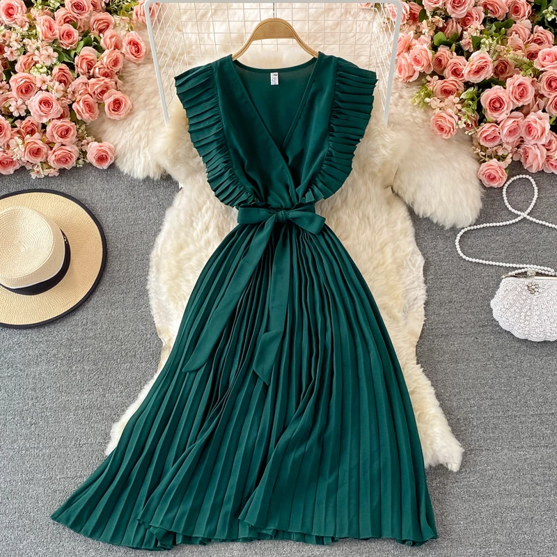 Women&prime; S Elegant Temperament Waist MID Length Fly Fly Sleeve V Neck Dress