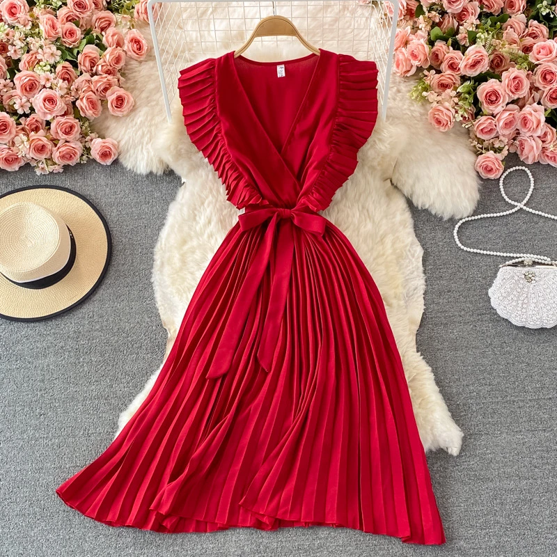 Women&prime; S Elegant Temperament Waist MID Length Fly Fly Sleeve V Neck Dress