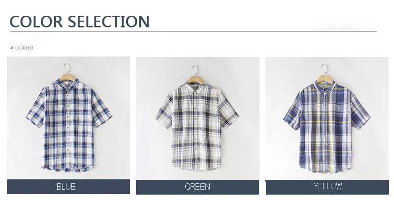 Wholesale Men&prime;s Plaid Linen Cotton Slim Fit Spring Autumn Male Casual Branded Short Sleeved Shirts