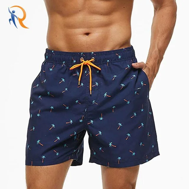 Men&prime;s Quick Dry Drawstring Waistband Printed Swim Shorts Summer Bottoms with Side Pockets