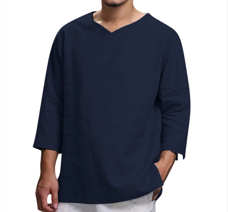 Men&prime;s Plus Size T-Shirt Long-Sleeve V-Neck Cotton and Linen Loose T Shirt Fashion Tops Shirts for Men Summer Clothing